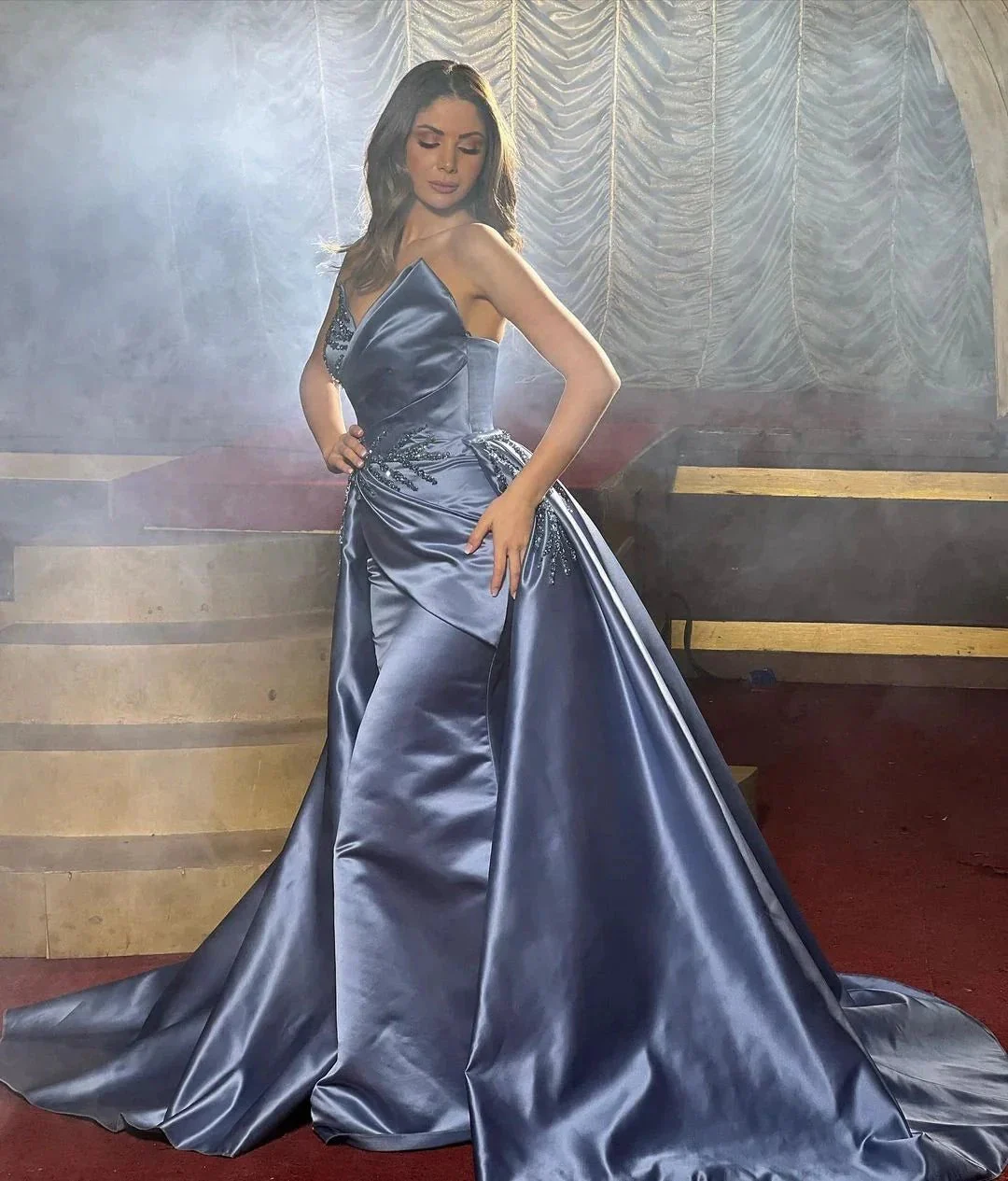 Elegant Floor Length Sleeveless A Line Satin Prom Dress with Beads - Image 3