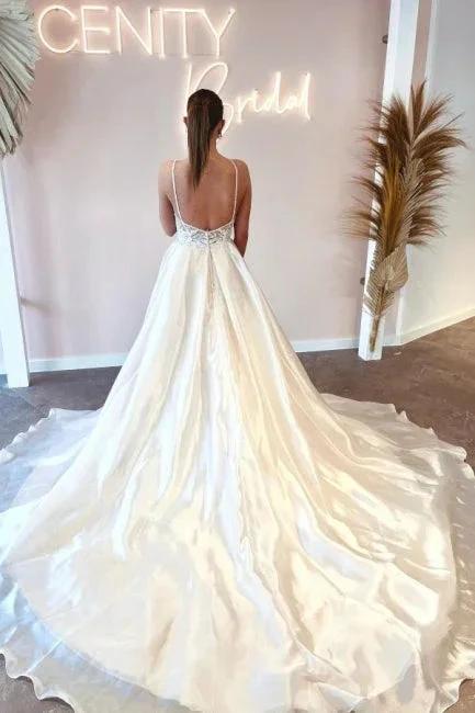 Elegant Floor-Length Spaghetti Straps V-Neck Sleeveless A-Line Wedding Dresses with Appliques - Image 2