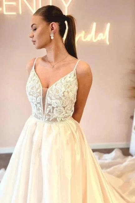 Elegant Floor-Length Spaghetti Straps V-Neck Sleeveless A-Line Wedding Dresses with Appliques - Image 3