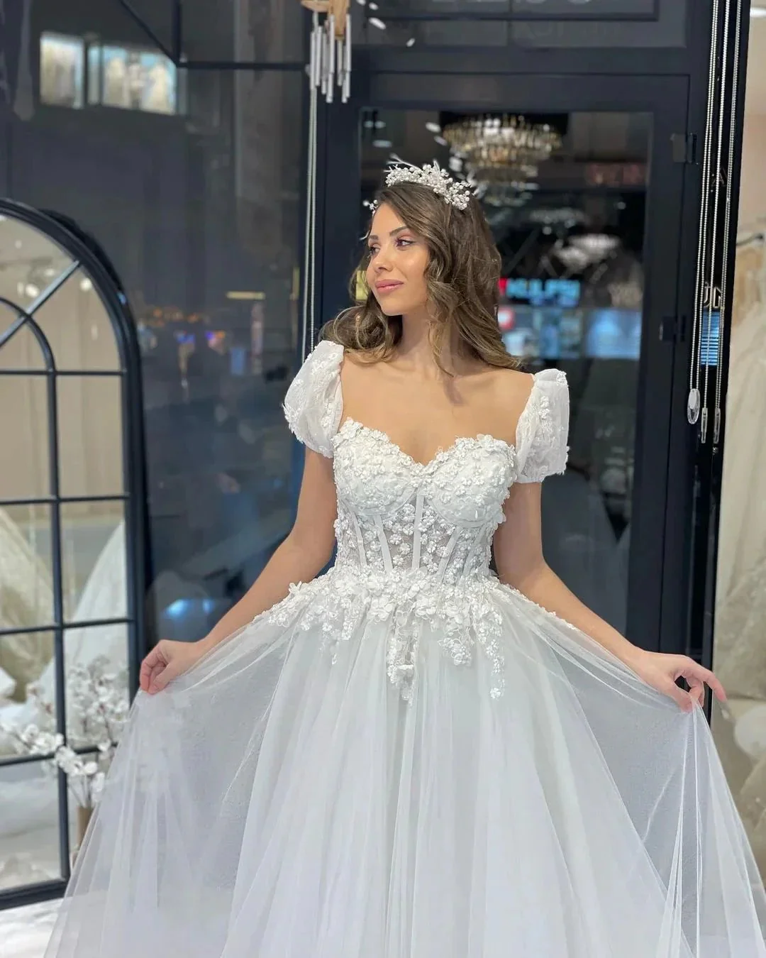 Elegant Floor Length Sweetheart Short Sleeves A-Line Tulle Wedding Dress - Image 6