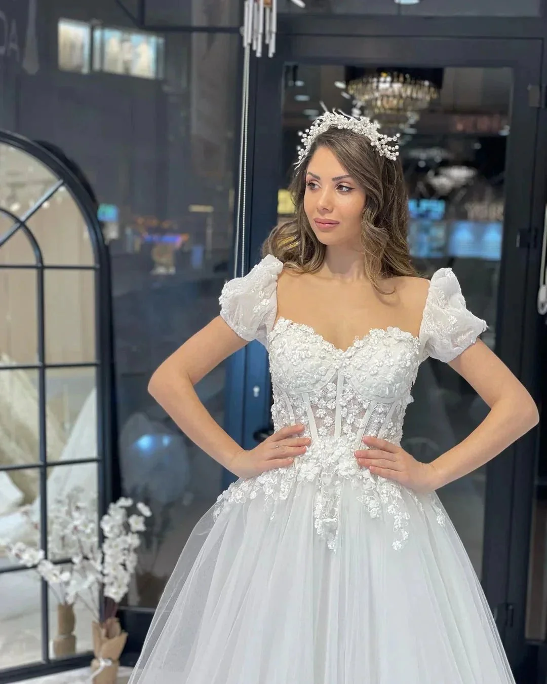 Elegant Floor Length Sweetheart Short Sleeves A-Line Tulle Wedding Dress - Image 7