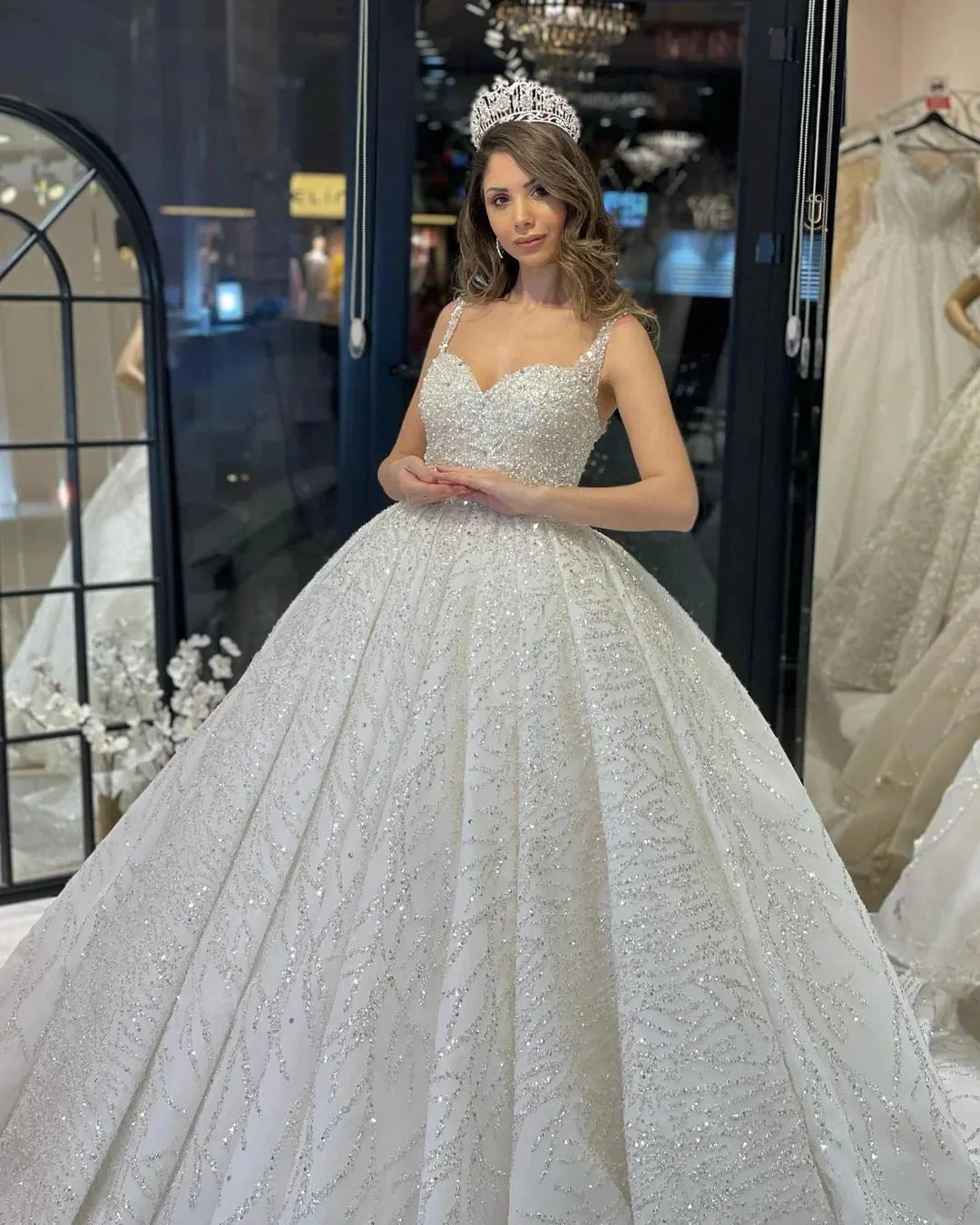 Elegant Floor Length Sweetheart Sleeveless A-Line Sequined Wedding Dress with Ruffles - Image 2