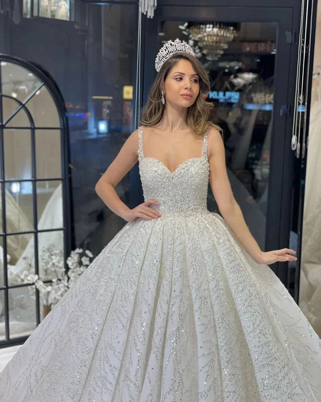 Elegant Floor Length Sweetheart Sleeveless A-Line Sequined Wedding Dress with Ruffles - Image 3
