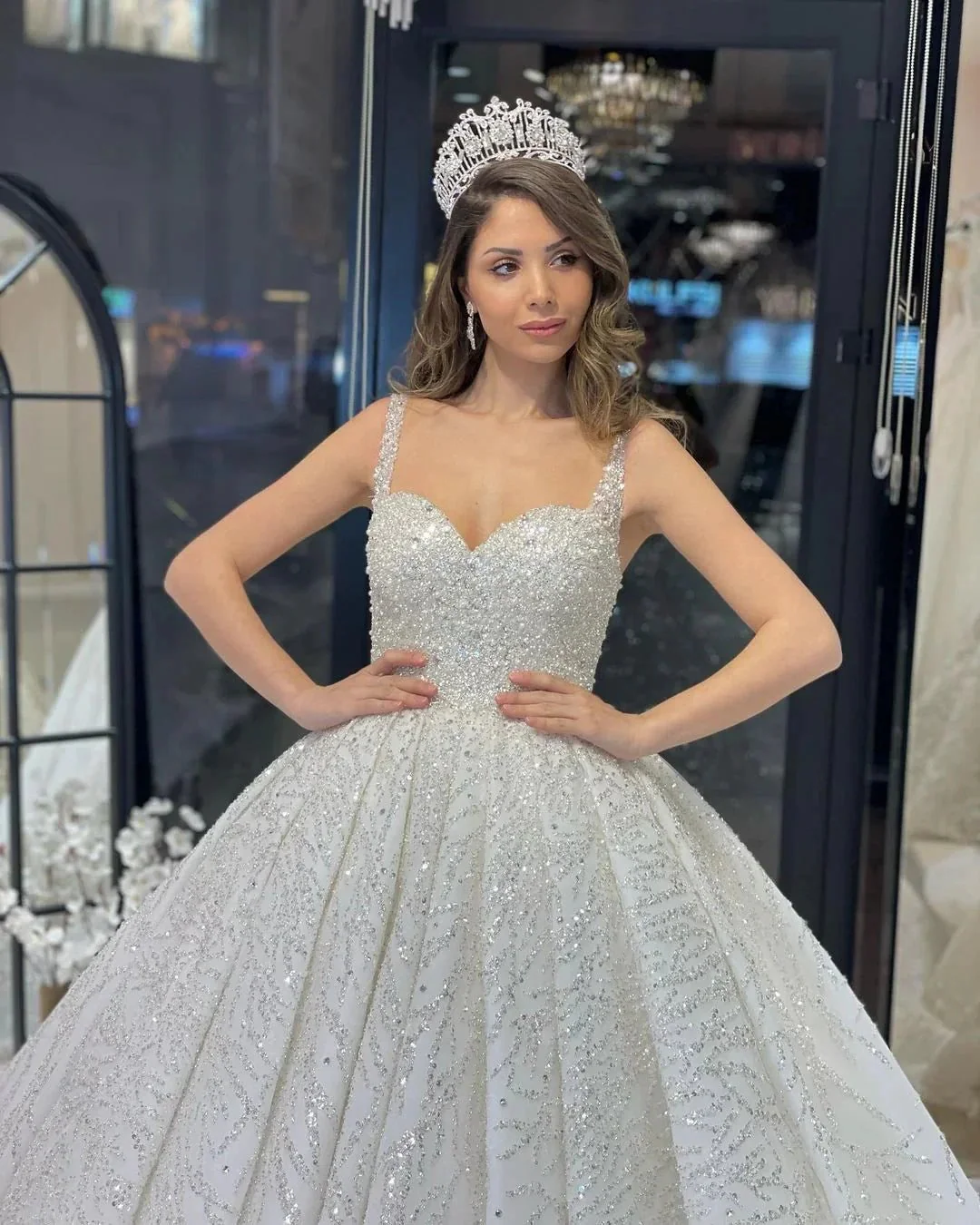 Elegant Floor Length Sweetheart Sleeveless A-Line Sequined Wedding Dress with Ruffles - Image 4