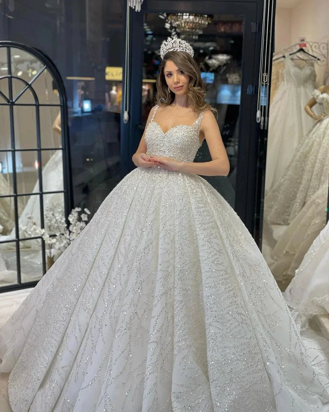 Elegant Floor Length Sweetheart Sleeveless A-Line Sequined Wedding Dress with Ruffles - Image 5