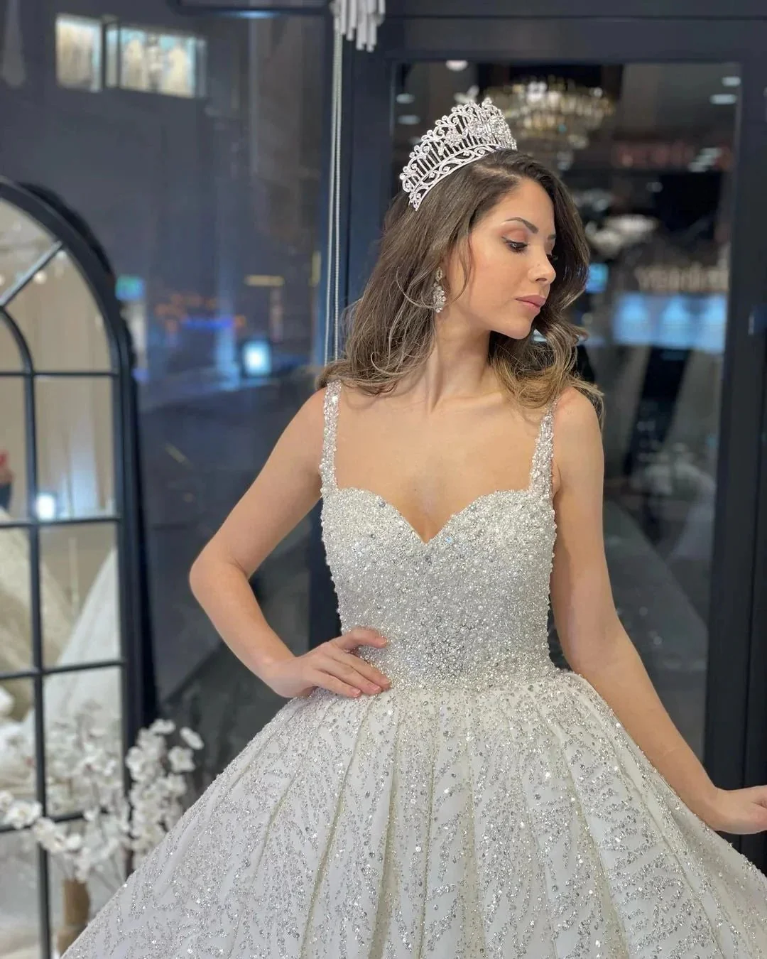 Elegant Floor Length Sweetheart Sleeveless A-Line Sequined Wedding Dress with Ruffles - Image 6
