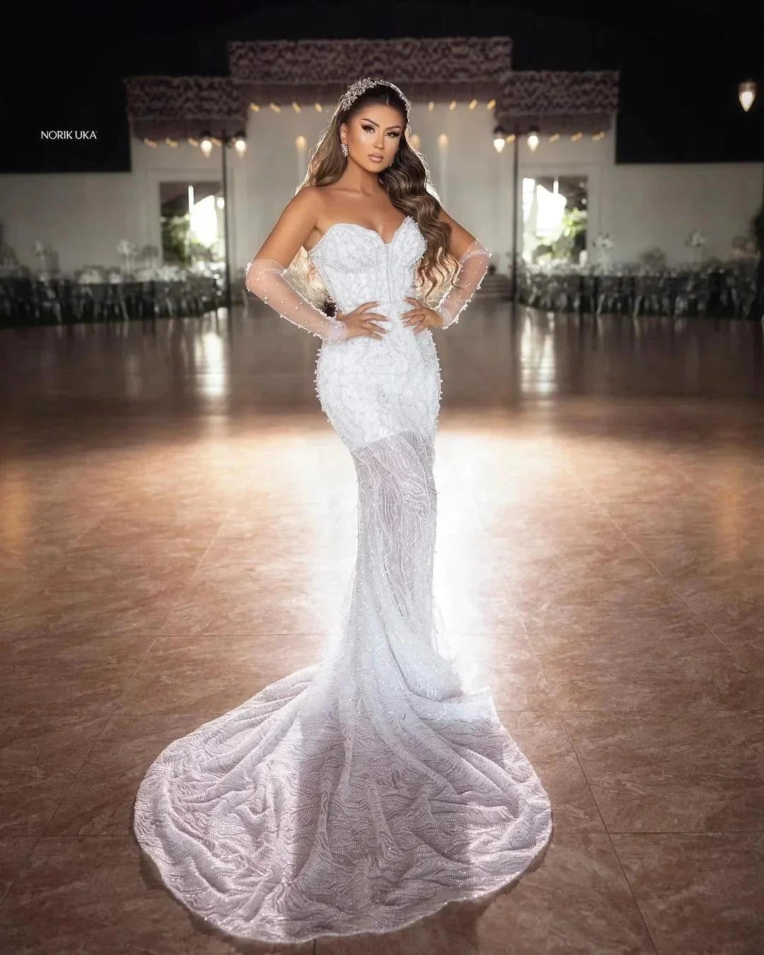 Elegant Floor Length Sweetheart Sleeveless Mermaid Lace Wedding Dress with Beads - Image 5
