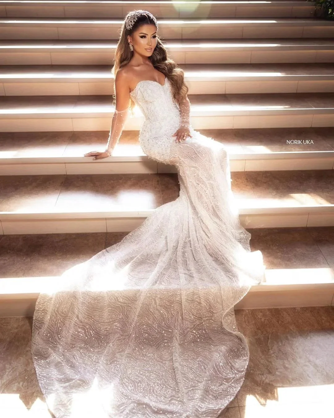 Elegant Floor Length Sweetheart Sleeveless Mermaid Lace Wedding Dress with Beads - Image 6