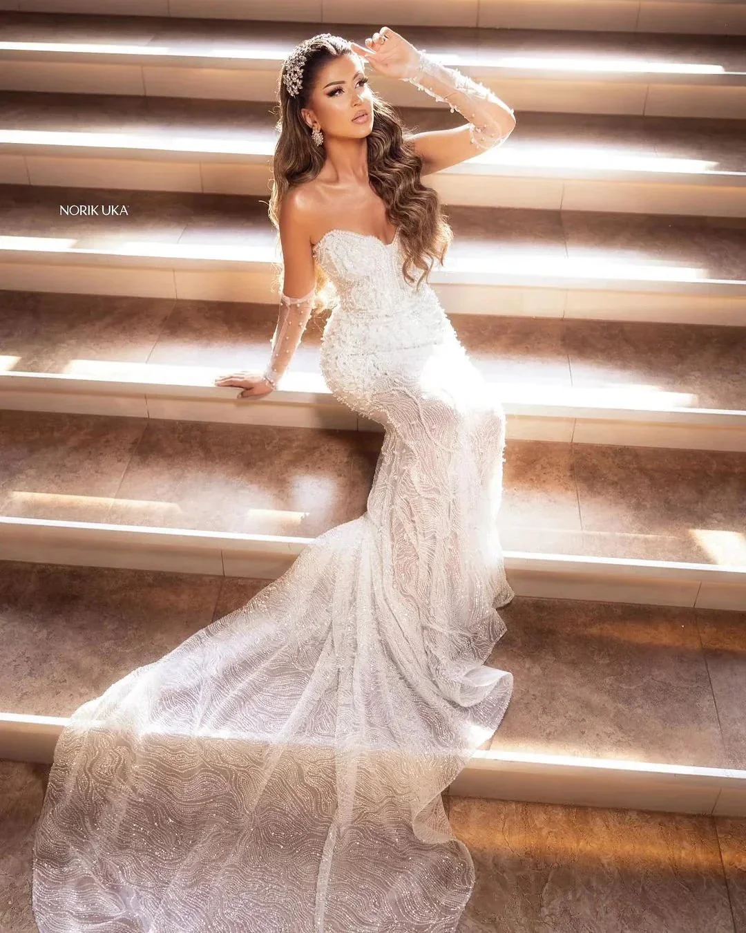 Elegant Floor Length Sweetheart Sleeveless Mermaid Lace Wedding Dress with Beads - Image 9