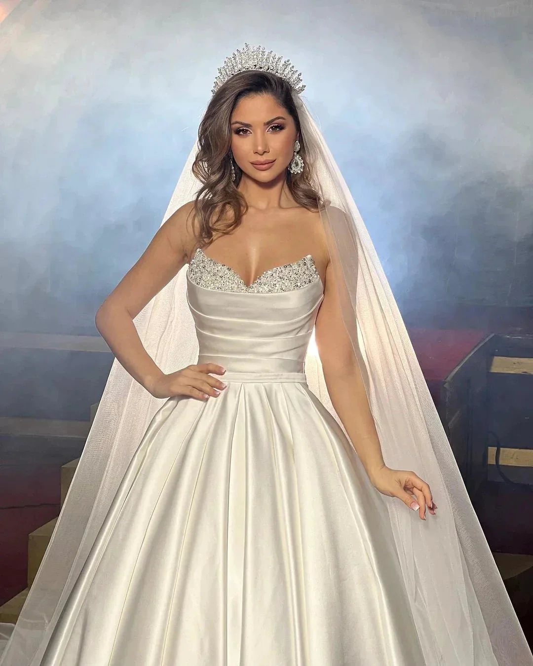 Elegant FloorLength Sleeveless A Line Satin Wedding Dress With Beads - Image 2