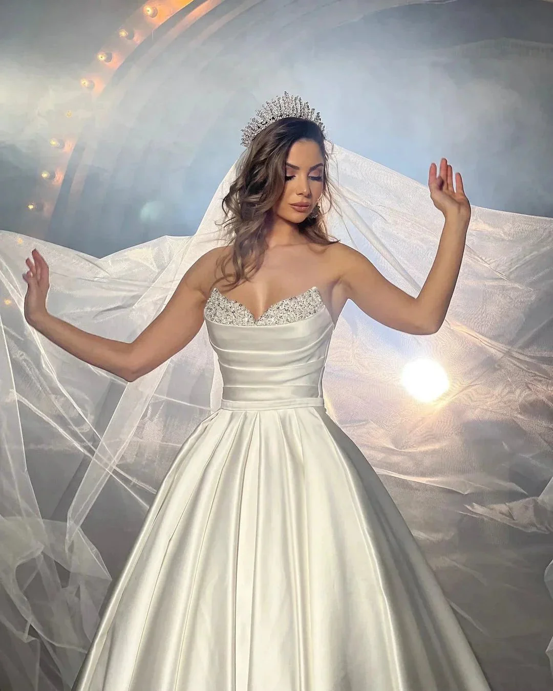 Elegant FloorLength Sleeveless A Line Satin Wedding Dress With Beads - Image 3
