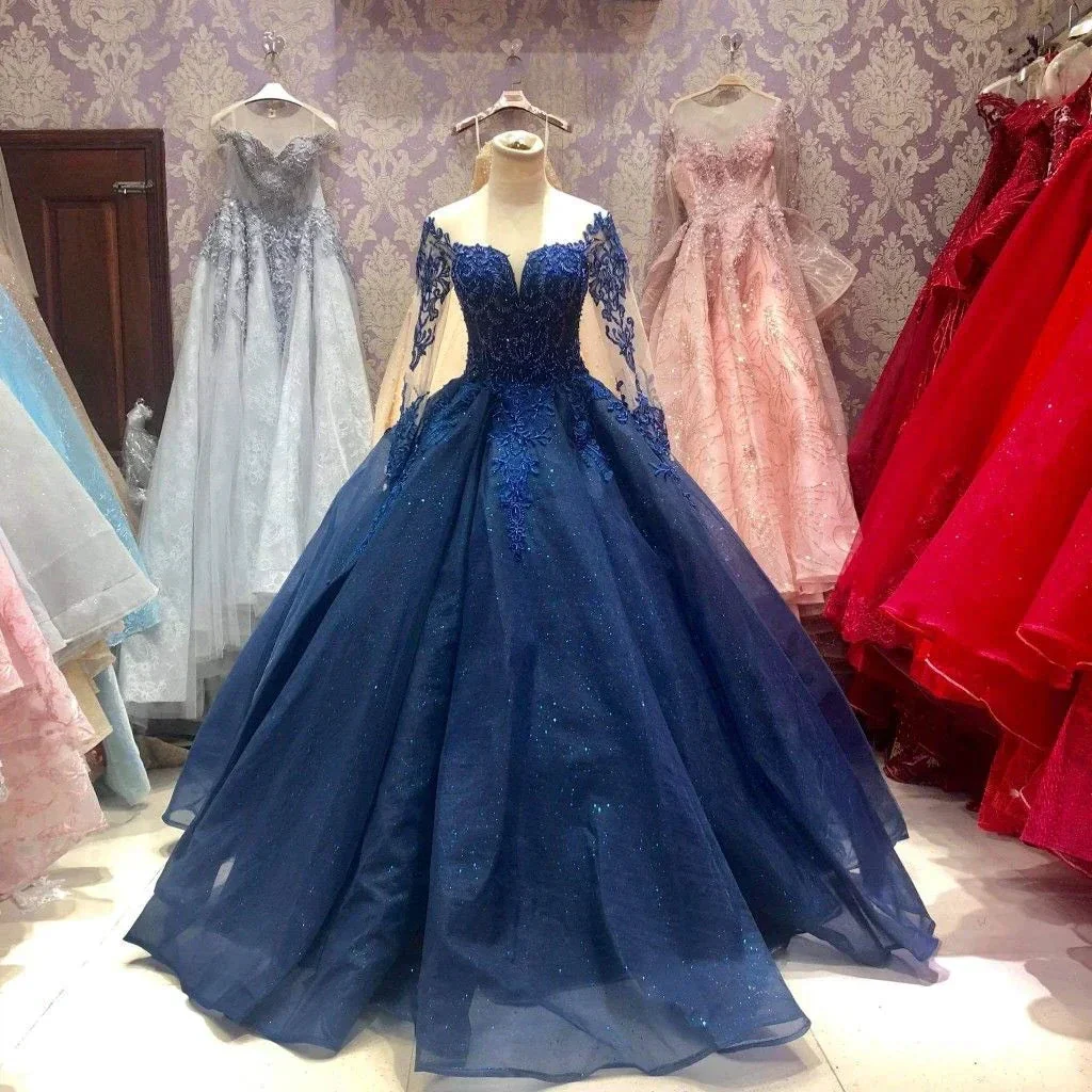 Elegant Floral Flowers Patterned Ball Gown Long Sleeve Prom Party Illusion Y4439 - Image 2