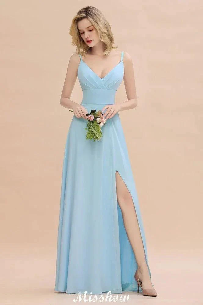 Elegant Front Split Bridesmaid Dress Garden Spaghetti Straps V-neck Floor Length Dress - Image 2