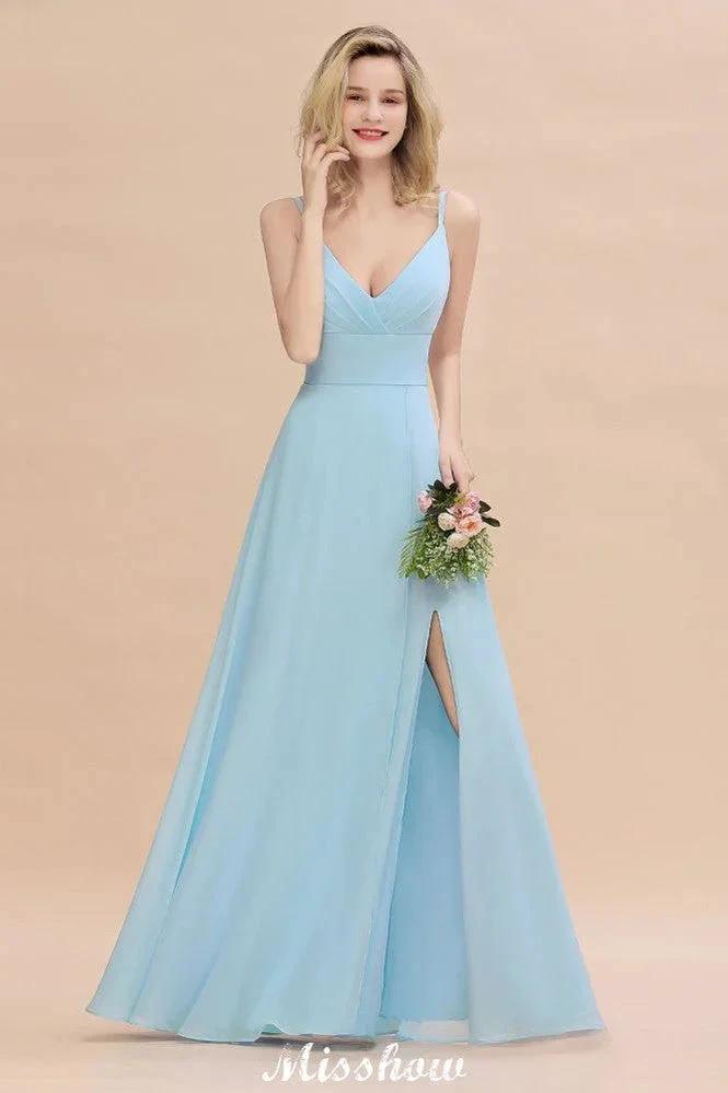 Elegant Front Split Bridesmaid Dress Garden Spaghetti Straps V-neck Floor Length Dress - Image 5