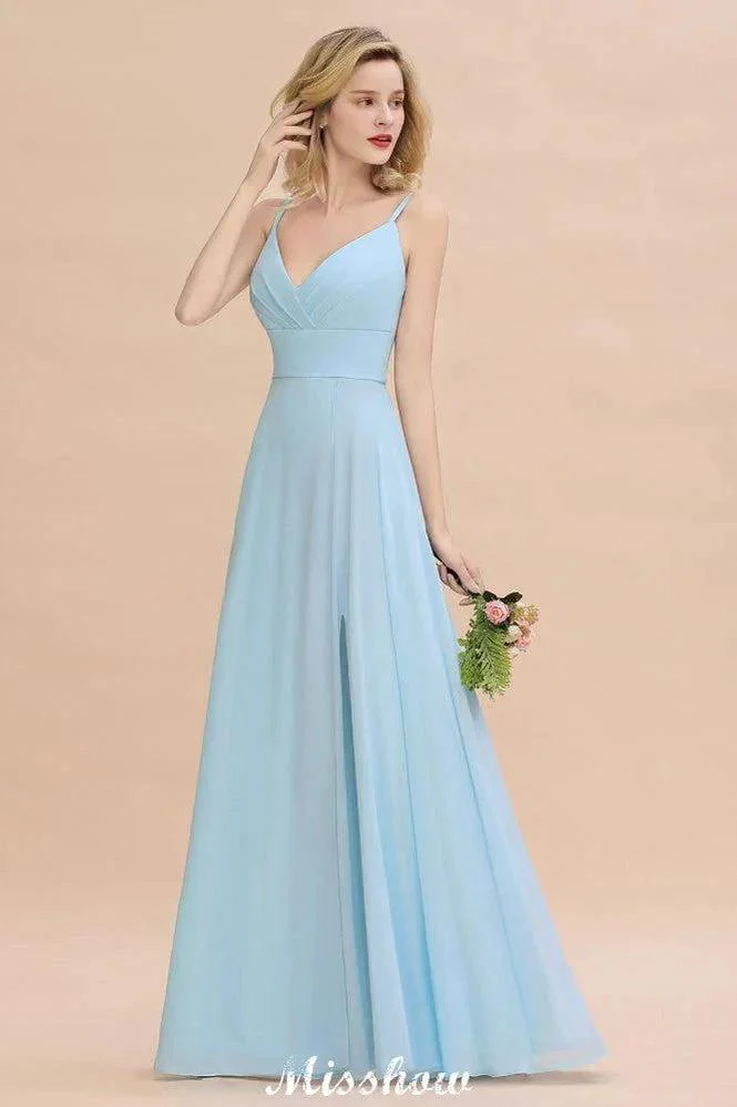 Elegant Front Split Bridesmaid Dress Garden Spaghetti Straps V-neck Floor Length Dress - Image 6