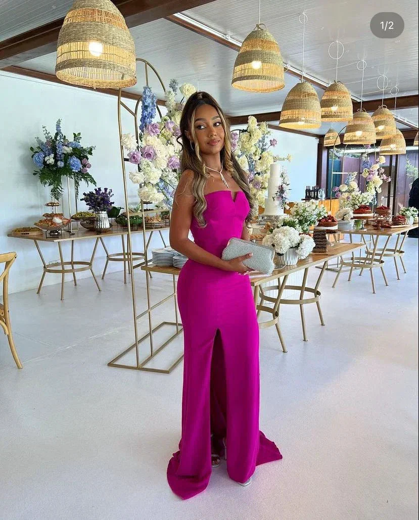 Elegant Fuchsia Strapless Sheath Evening Dress With Split Y5252 - Image 2
