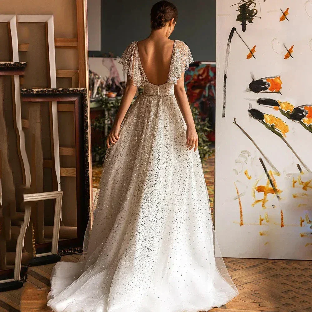 Elegant Glitter Sweetheart Wedding Dresses For Women A-Line Batwing Sleeves Bridal Gown Tulle Backless - Image 2