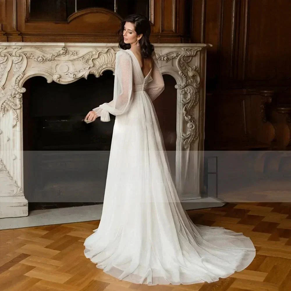 Elegant Glitter Tulle Deep V-Neck Wedding Dresses Princess Shiny Lantern Sleeves Backless A-Line Pleated Bridal Gowns - Image 2