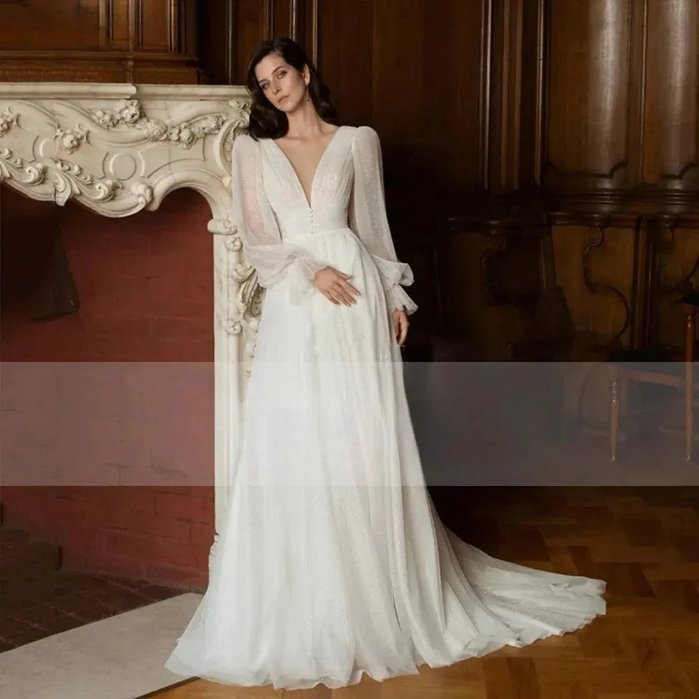 Elegant Glitter Tulle Deep V-Neck Wedding Dresses Princess Shiny Lantern Sleeves Backless A-Line Pleated Bridal Gowns - Image 3