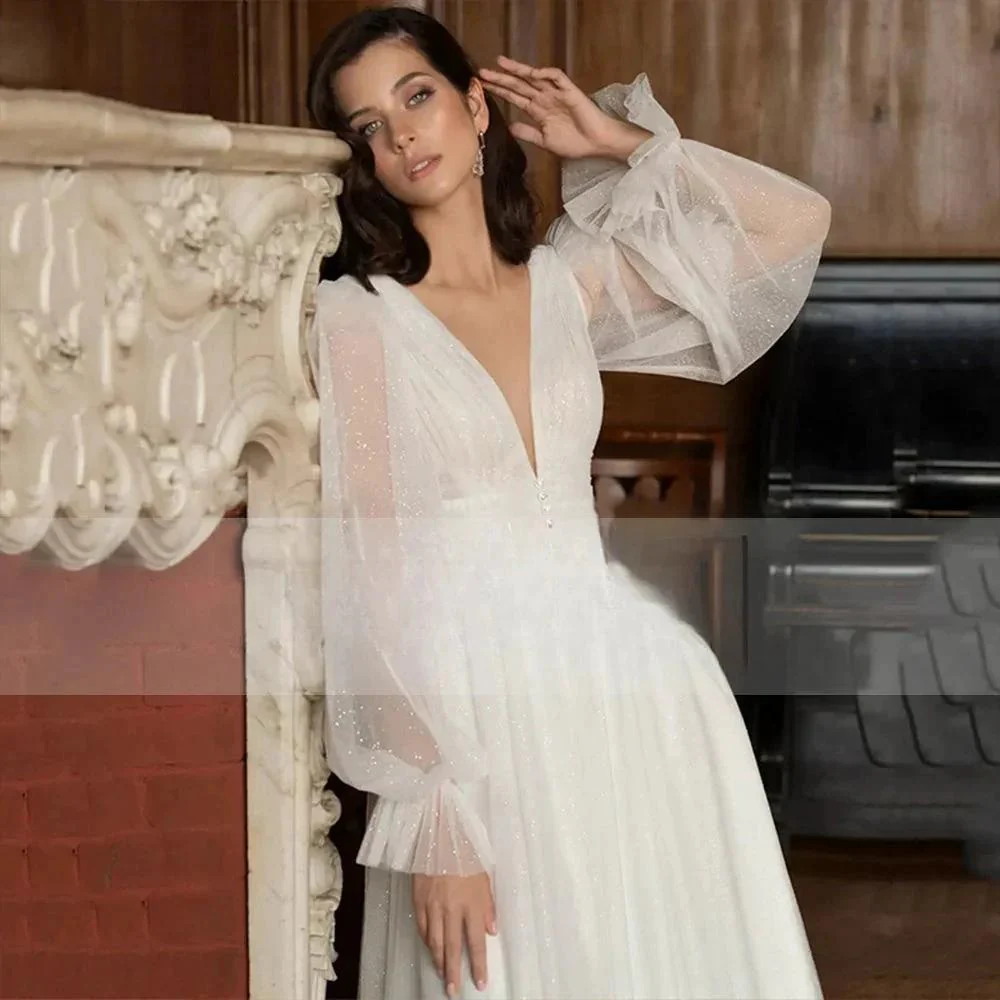 Elegant Glitter Tulle Deep V-Neck Wedding Dresses Princess Shiny Lantern Sleeves Backless A-Line Pleated Bridal Gowns - Image 4
