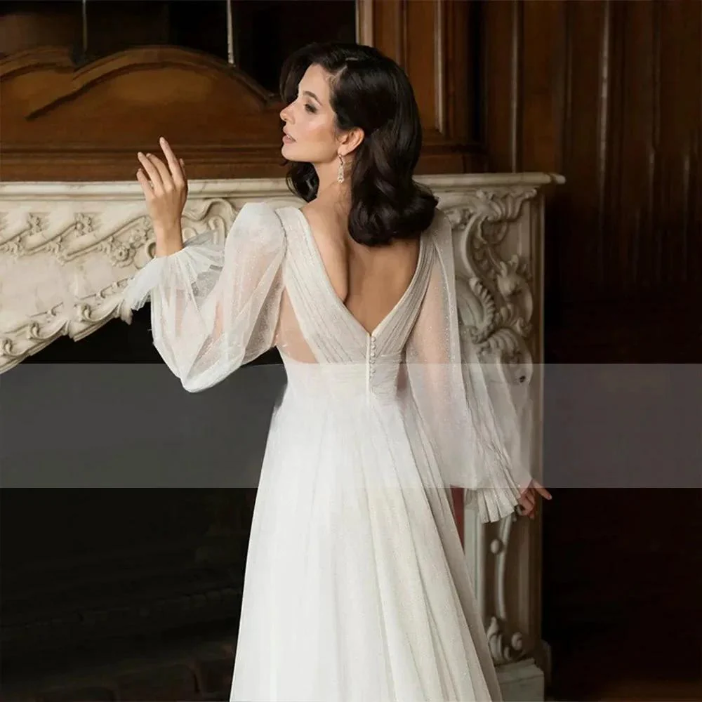 Elegant Glitter Tulle Deep V-Neck Wedding Dresses Princess Shiny Lantern Sleeves Backless A-Line Pleated Bridal Gowns - Image 5