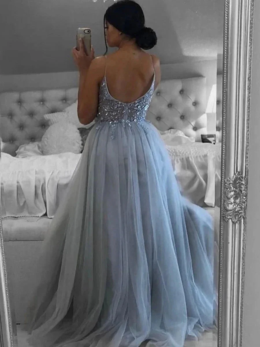 Elegant Gray Long A Line V Neck Open Back Beaded Formal Prom Dresses with Slit - Image 2