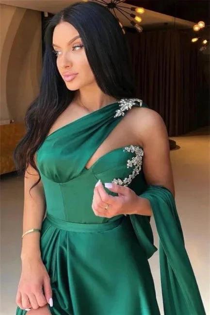 Elegant Green One Shoulder A-line Prom Dress With Beads - Image 2