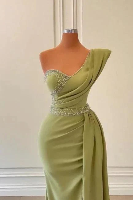 Elegant Green One-shoulder Sleeveless Mermaid Chiffon Prom Dresses with Beadings - Image 2