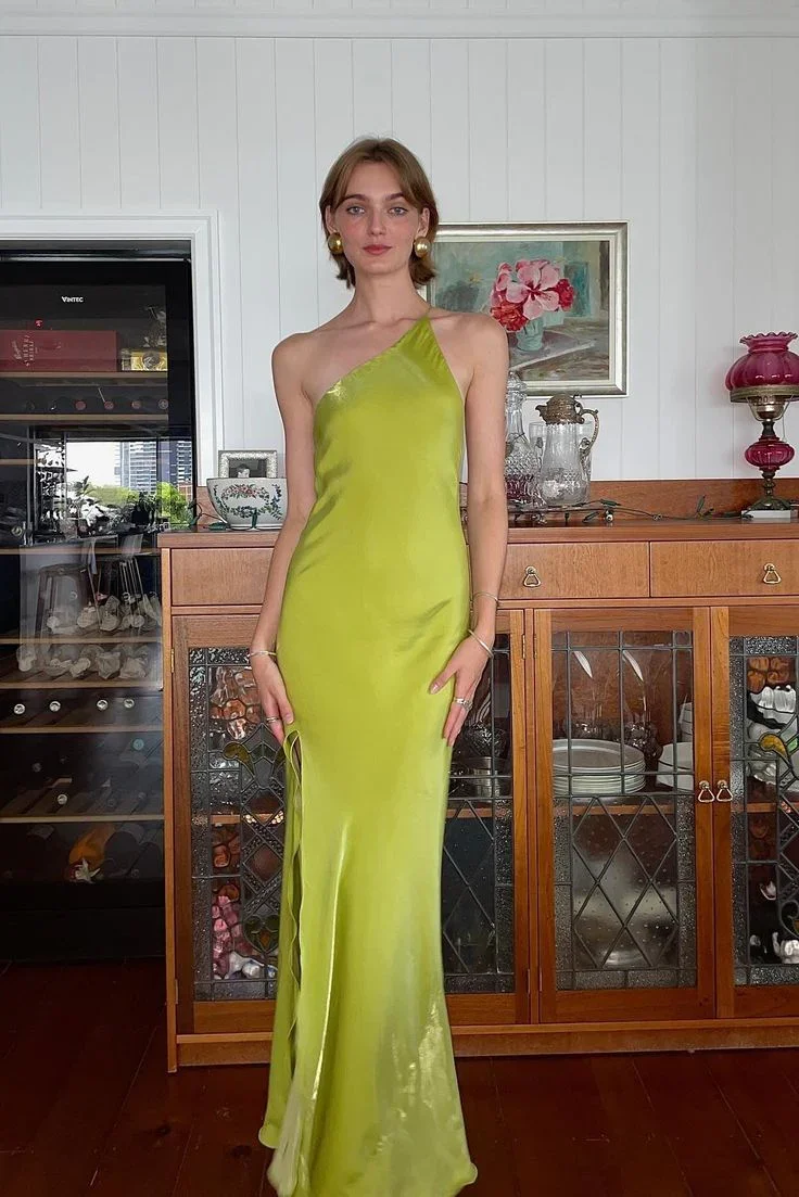 Elegant Green Sheath One Shoulder Long Party Prom Dress With Slit Backless Evening Dress Y8550 - Image 2