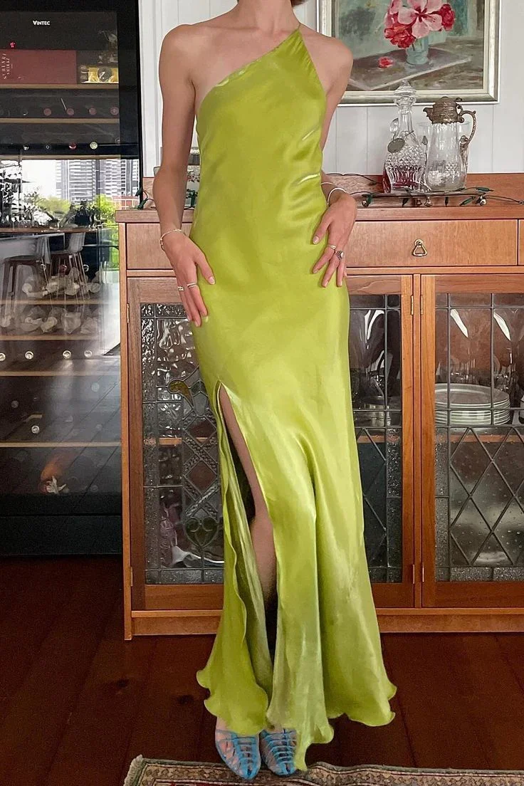 Elegant Green Sheath One Shoulder Long Party Prom Dress With Slit Backless Evening Dress Y8550 - Image 3