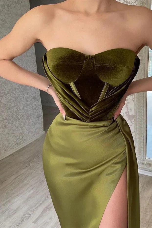 Elegant Green Strapless Sleeveless Mermaid Satin Prom Dresses with Slit - Image 2
