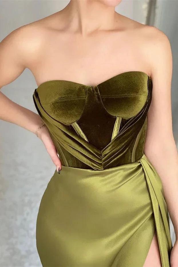 Elegant Green Strapless Sleeveless Mermaid Satin Prom Dresses with Slit - Image 4
