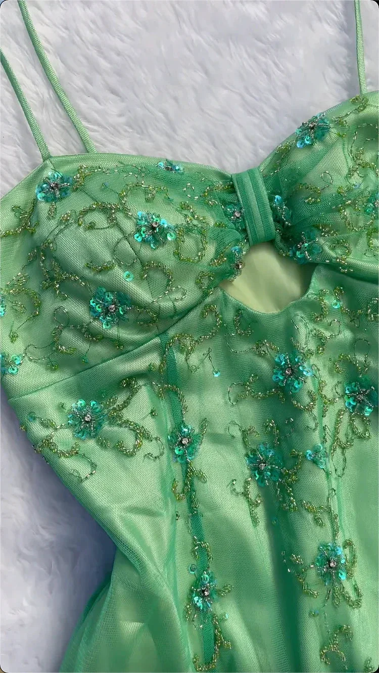 Elegant Green Tulle Beaded Long Prom Evening Dress Y8298 - Image 3