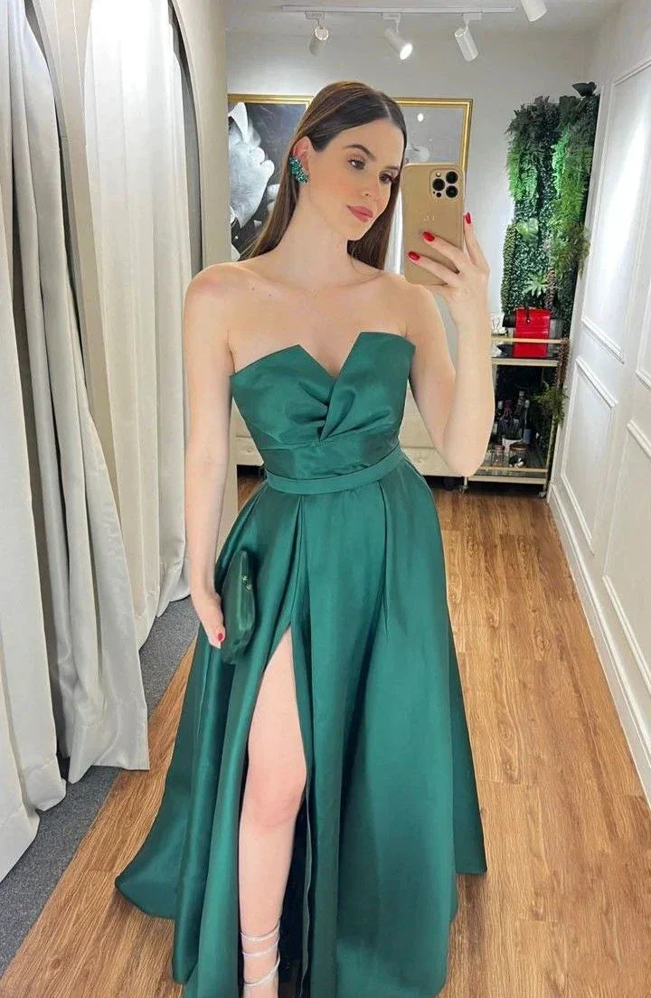 Elegant Green V Neck Satin Long Prom Dresses Formal Evening Dresses Y5360 - Image 2