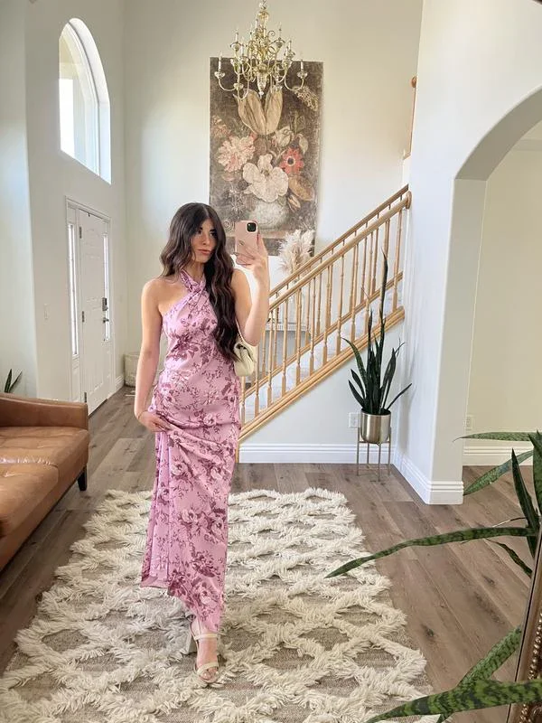 Elegant Halter Pink Satin Print Long Prom Dress Evening Dress Y8454 - Image 2