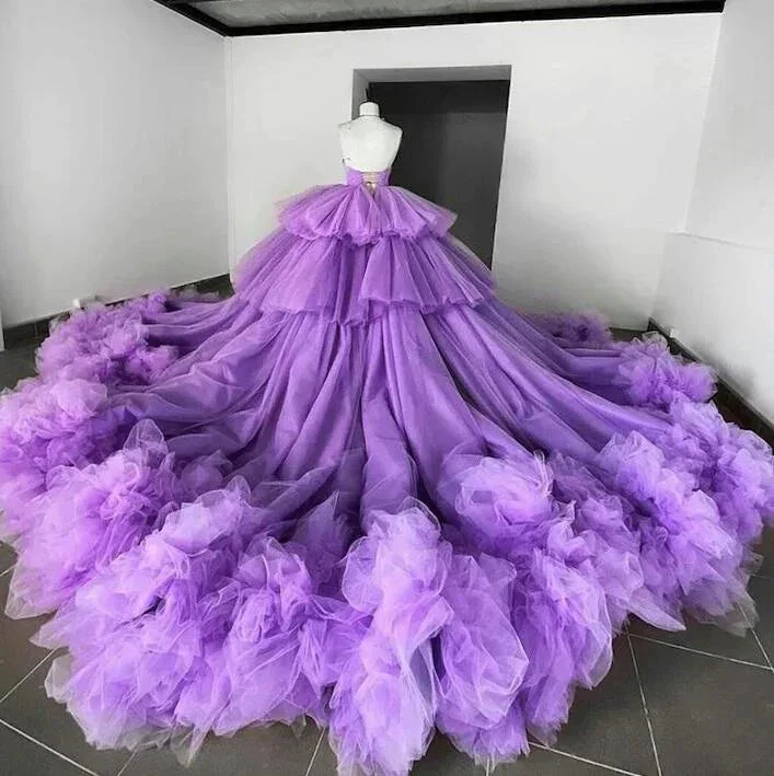 Elegant Halter Purple Tulle High Low Ball Gown Y5684 - Image 2
