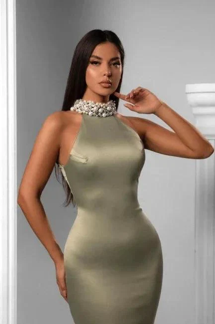 Elegant halter sleeveless mermaid satin prom dress beading - Image 2