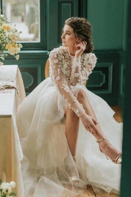Elegant Hi-lo Lace Tulle Wedding Dresses With Long Sleeves - Image 2