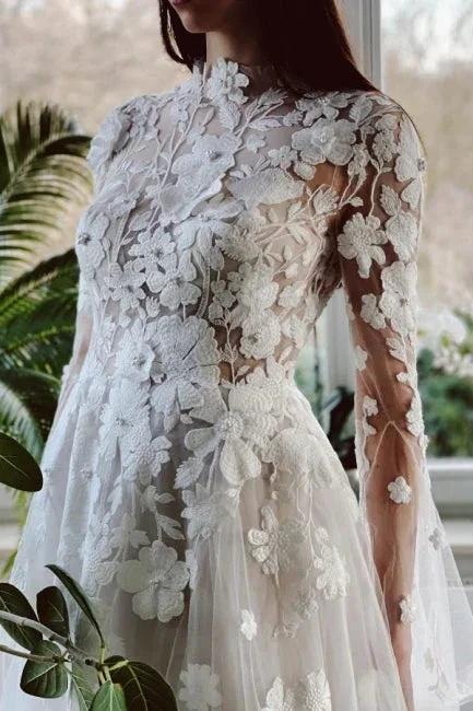 Elegant High Collar Long Sleeves A-Line Lace Wedding Dress with Chapel Train - Image 2