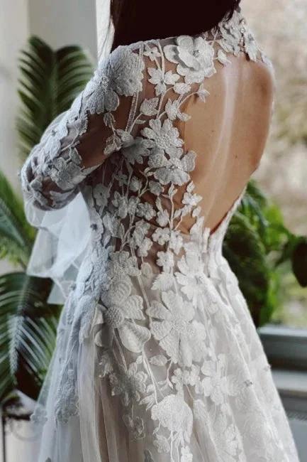 Elegant High Collar Long Sleeves A-Line Lace Wedding Dress with Chapel Train - Image 3