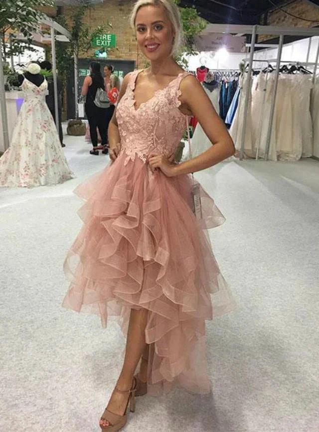 Elegant High Low A-line V-neck Backless Lace Tulle Prom Dress - Image 2