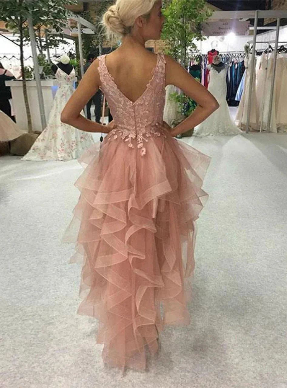 Elegant High Low A-line V-neck Backless Lace Tulle Prom Dress - Image 3