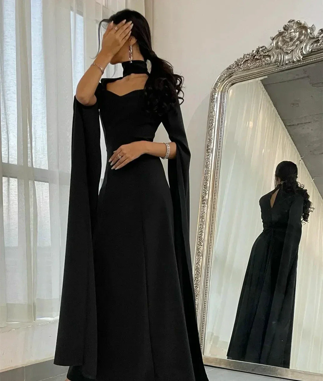 Elegant High Neck Sweetheart Neckline Floor Length Black Crepe Long Evening Dress Y4853 - Image 2