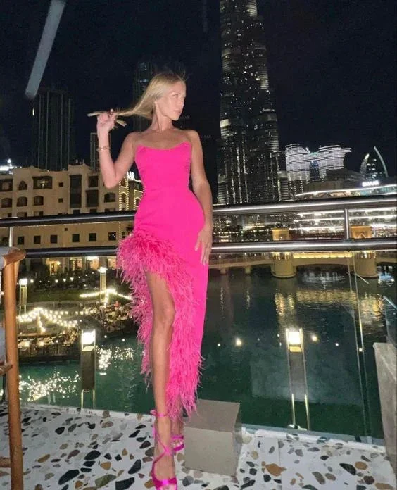 Elegant Hot Pink Strapless Evening Dress With Feathers Y6728 - Image 2