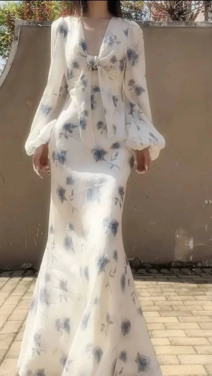 Elegant Ice Blue Rose Chiffon Print Floral Prom Dress Long Mermaid Evening Dress Y8407 - Image 2