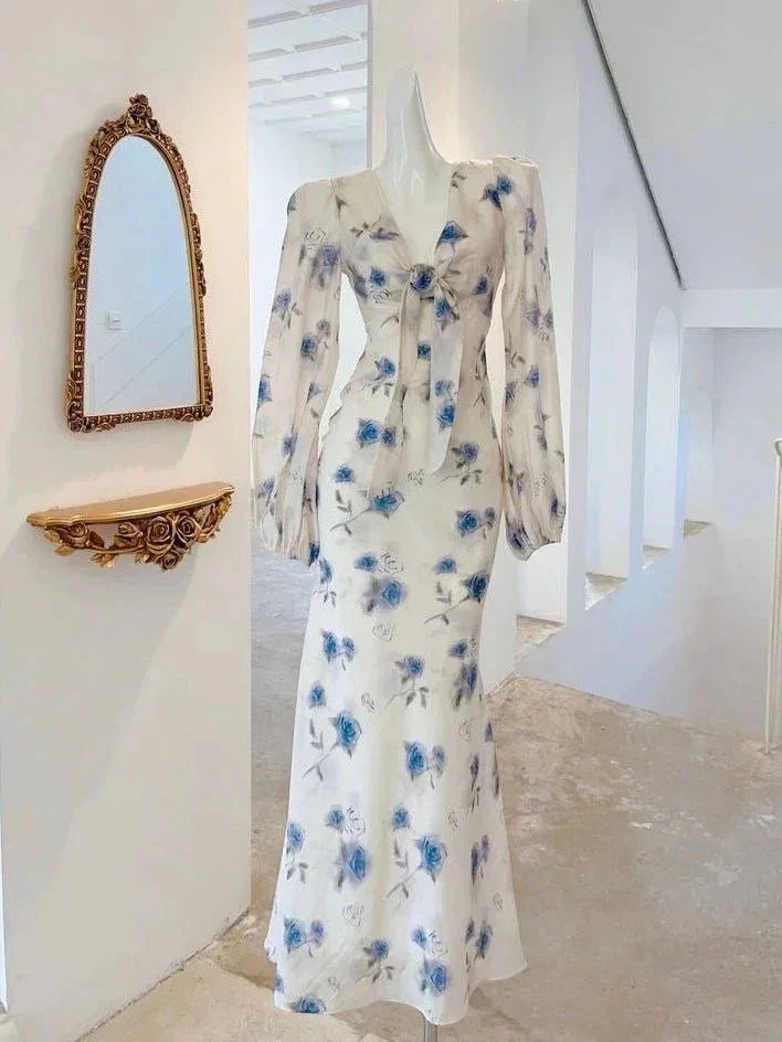 Elegant Ice Blue Rose Chiffon Print Floral Prom Dress Long Mermaid Evening Dress Y8407 - Image 3