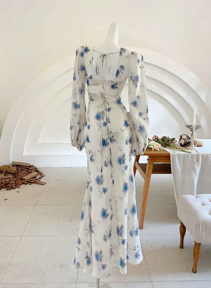 Elegant Ice Blue Rose Chiffon Print Floral Prom Dress Long Mermaid Evening Dress Y8407 - Image 4