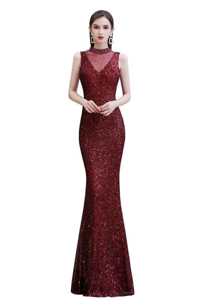 Elegant Illusion Neck Burgundy Sleeveless Mermaid Prom Dress - Image 10