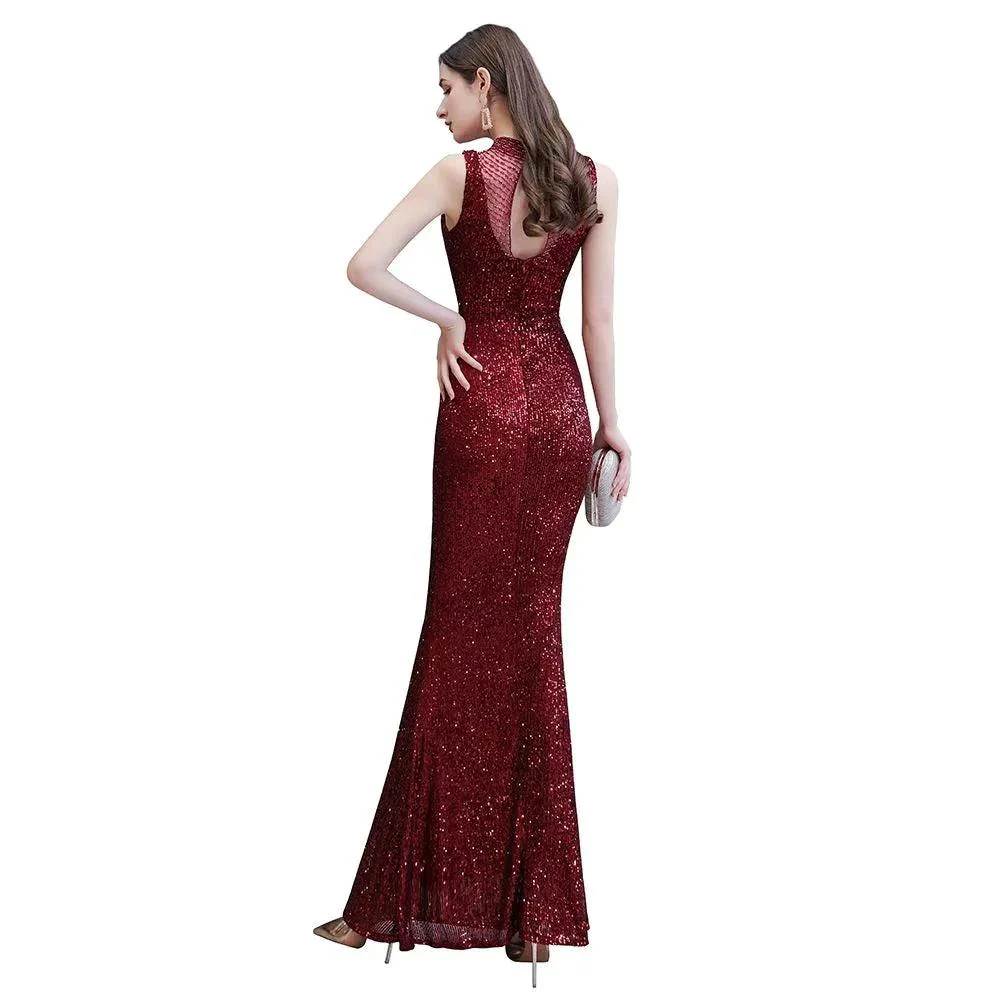 Elegant Illusion Neck Burgundy Sleeveless Mermaid Prom Dress - Image 12