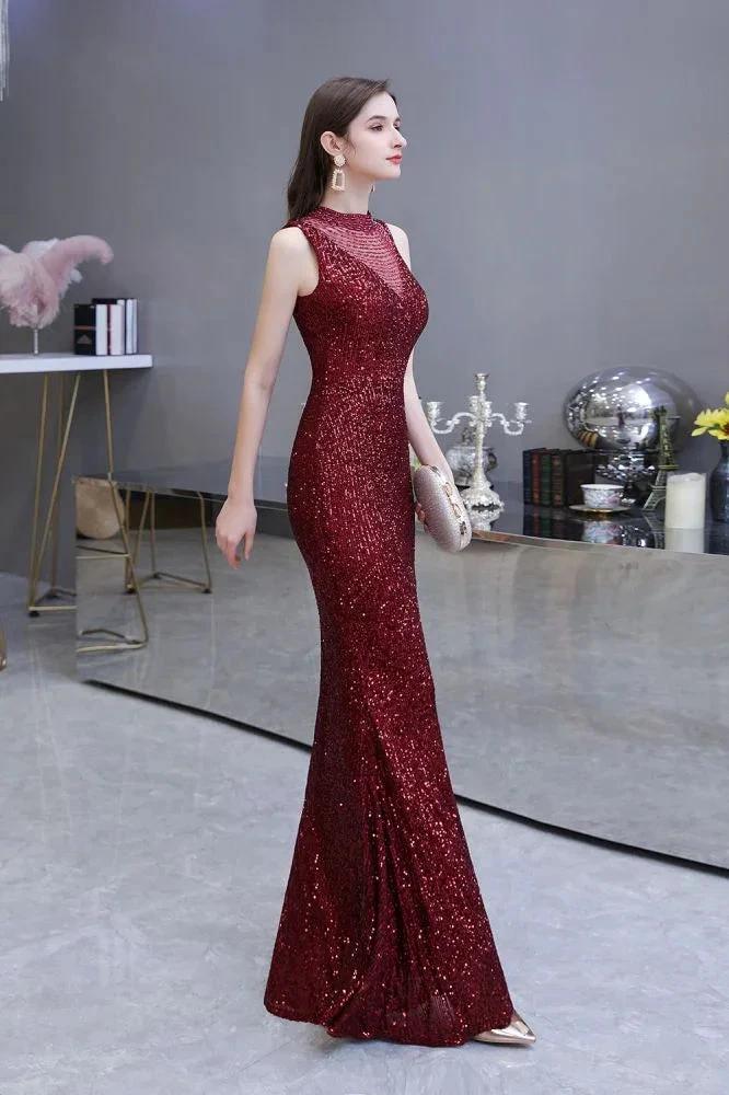 Elegant Illusion Neck Burgundy Sleeveless Mermaid Prom Dress - Image 13